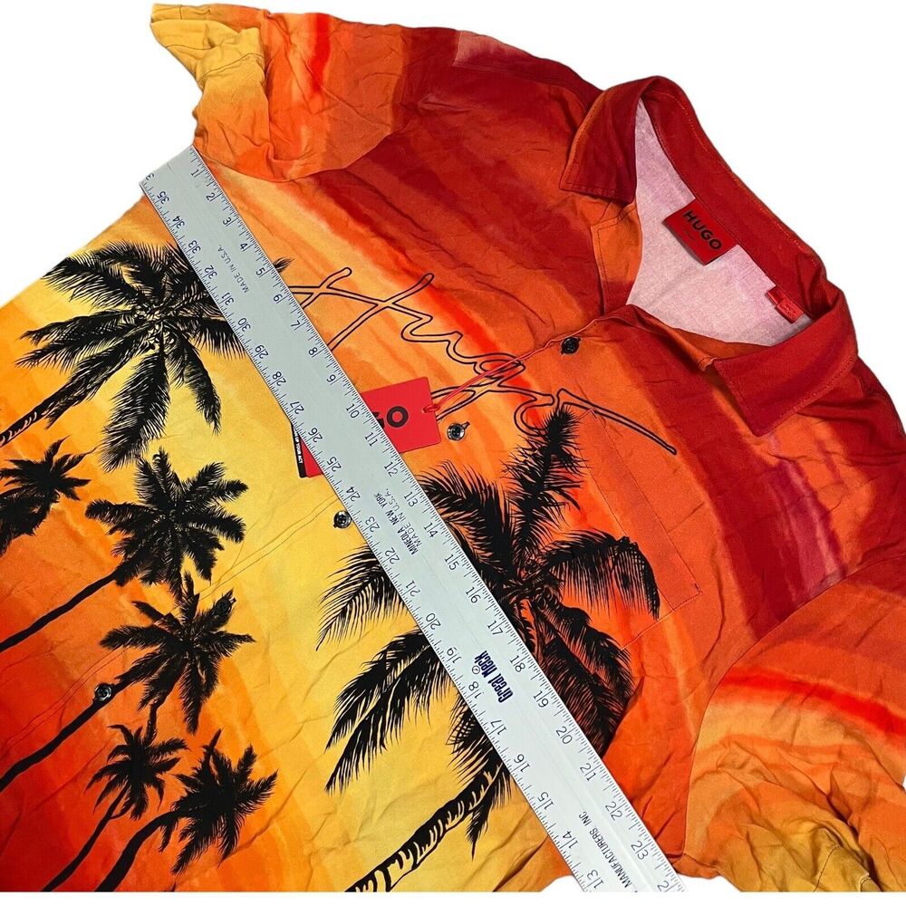 HUGO BOSS SHIRT MENS XL RED ELLINO HAWAIIAN SUNSET PALM TREES TROPICAL YELLOW - Picture 4 of 9